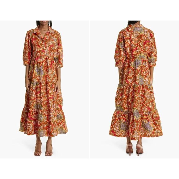 New The Oula Company Size M Print Tiered Maxi Dress Red Yellow - Picture 1 of 13